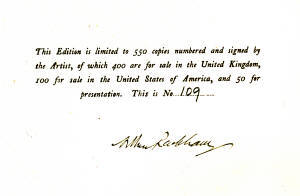 Limitation Statement and Rackham's signature for number 109 of 550 of the Limited Edition of ''Comus'' (1921), illustrated by Arthur Rackham