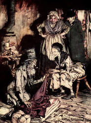 Arthur Rackham - '''What do you call this?'' said Joe. ''Bed-curtains!'' ''Ah!'' returned the woman, laughing ... ''Bed-curtains!'' ''You don't meant to say you took 'em down, rings and all, with him lying there?'' said Joe. ''Yes, I do,'' replied the wooman. ''Why not?''' from ''A Christmas Carol'' (1915), written by Charles Dickens