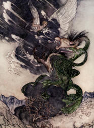 Arthur Rackham - 'Its three heads spluttering fire at Pegasus and his rider' from ''Hawthorne's Wonder Book'' (1922)