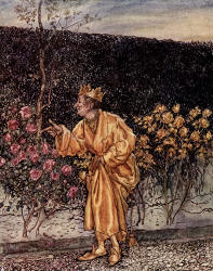 Arthur Rackham - 'He took great pains in going from bush to bush until every individual flower and bud and even the worms at the heart of some of them were changed gold' from ''Hawthorne's Wonder Book'' (1922)