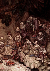 Arthur Rackham - 'The fairies sit round on mushrooms, and at first they are well behaved' from ''Peter Pan in Kensignton Gardens'' (1906)