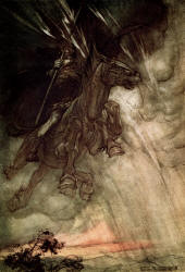 Arthur Rackham - 'Raging Wotan, Rodes to the rock! ... Like a storm-wind he comes!' from ''The Rhinegold & The Valkyrie'' (1910), written by Richard Wagner