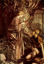 Arthur Rackham - 'Sieglinde - ''This healing and honeyed, Draught of mead, Deign to accept from me.'' Siegmund - ''Set it first to thy lips.''' from ''The Rhinegold & The Valkyrie'' (1910), written by Richard Wagner