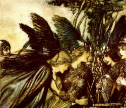 Arthur Rackham - 'Brunnhilde - ''I flee for the first time, And am pursued, Warfather follows close ... He nears, he nears in fury! Save this woman! Sisters, your help!' from ''The Rhinegold & The Valkyrie'' (1910), written by Richard Wagner