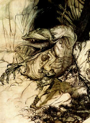 Arthur Rackham - 'Siegfried kills Fafner' from ''Siegfried & The Twilight of the Gods'' (1911), written by Richard Wagner