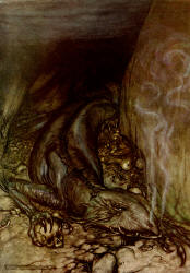 Arthur Rackham - 'In Dragon's form, Fafner now watches the hoard' from ''Siegfried & The Twilight of the Gods'' (1911), written by Richard Wagner