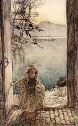 Arthur Rackham - 'A beautiful little girl clad in rich garments stood there on the threshold smiling' from ''Undine'' (1909)