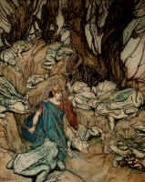 Arthur Rackham's ''In a forked glen into which he slipped at night-fall he was surrounded by giant toads'' for 'Becuma of the White Skin' in ''Irish Fairy Tales''
