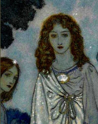 Detail from Edmund Dulac's 'The Fairy of the Garden now advanced to meet them; her garments shone like the Sun, and her face beamed like that of a happy mother rejoicing oer her child' from the tale 'The Garden of Paradise' in ''Stories from Hans Andersen''