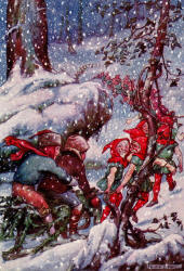 Frank C Pape - colour illustation for 'Christmas in the Forest' from ''The Ruby Fairy Book'' (1911)