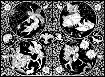 Frank C Pape - monotone illustration 'Cobweb, Oberon, Titania and Pease-Blossom' from ''Tales from Shakespeare'' (1923)