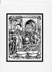 Greeting Card sample showing an image of an illustration from the 1539 Edition of ''Der Todten-Tantz'' (''The Dance of Death''), illustrated by Hans Holbein