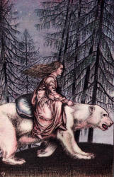 Reginald Knowles' ''Well! mind and hold tight by my shaggy coat, and then there's nothing to fear,' said the Bear' from the tale 'East of the Sun and West of the Moon' in ''Norse Fairy Tales''