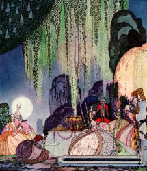 Kay Nielsen - 'Felicia thereupon stepped forth, and terrified though she was, saluted the Queen respectfully; with so graceful a curtsey' of the tale 'Felicia; or, the Pot of Pinks' from ''In Powder and Crinoline'' (1913)