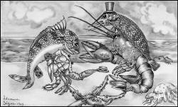 Adrienne Segur's monotone illustrations for 'Le Quadrille des Homards' ('Lobster Quadrile') from ''Alice au pays des merveilles'' (''Alice's Adventures in Wonderland'')