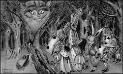 Adrienne Segur's monotone illustrations for 'Le Terrain de Croquet de la Reine' ('The Queen's Croquet Ground') from ''Alice au pays des merveilles'' (''Alice's Adventures in Wonderland'')