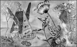 Adrienne Segur's monotone illustrations for 'Un The de Fous' ('A Mad Tea Party') from ''Alice au pays des merveilles'' (''Alice's Adventures in Wonderland'')