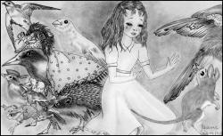 Adrienne Segur's monotone illustrations for 'Une Course a la Caucus et une Longue Histoire' ('The Caucus Race and a Long Tale') from ''Alice au pays des merveilles'' (''Alice's Adventures in Wonderland'')