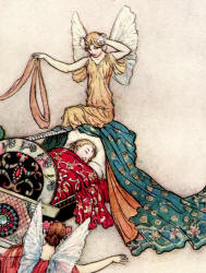 Detail from Warwick Goble's 'I was accordingly laid in a cradle of mother-of-pearl, ornamented with gold and jewels' from the tale 'The White Cat' in ''The Fairy Book''