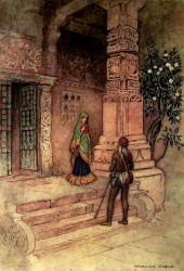 Warwick Goble - 'The Suo queen went to the door with a handful of rice' from ''Folk Tales of Bengal'' (1912)