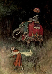 Warwick Goble - 'On a sudden an elephant gorgeously caprisoned shot across his path' from ''Folk Tales of Bengal'' (1912)