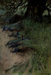 Warwick Goble - 'Hundreds of peacocks of gorgeous plumes came to the embankments to eat the khai' from ''Folk Tales of Bengal'' (1912)