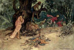 Warwick Goble - 'They ran away in great fear, leaving behind them the money and jewels' from ''Folk Tales of Bengal'' (1912)