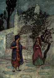 Warwick Goble - 'The Prince revived, and, walking about, saw a human figure near the gate' from ''Folk Tales of Bengal'' (1912)