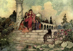 Warwick Goble - 'The Jackal ... opened his bundle of betel-leaves, put some in his mouth, and began chewing them' from ''Folk Tales of Bengal'' (1912)