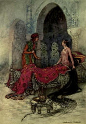 Warwick Goble - 'In a trice she woke up, sat up in bed, and eyeing the stranger, inquired who he was' from ''Folk Tales of Bengal'' (1912)