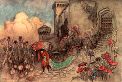 Warwick Goble - 'Corvetto escaping with the Ogre's Tapestry' from ''Stories from the Pentamerone'' (1911)