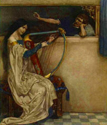William Russell Flint - 'And there Tramtrist learned her to harp, and she began to have a great fantasy unto him ...' from ''Le Morte d'Arthur: The Book of King Arthur and his Noble Knights of the Round Table'' (1910-11)