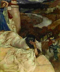 William Russell Flint - 'They fought for the love of one lady, and ever she lay on the walls and beheld them ...' from ''Le Morte d'Arthur: The Book of King Arthur and his Noble Knights of the Round Table'' (1910-11)