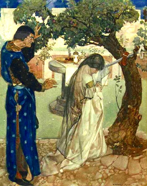 William Russell Flint - 'This espied King Mark, how she kneeled down and said: ''Sweet Lord Jesu, have mercy upon me, for I may not live after the death of Sir Tristram de Liones.''' from ''Le Morte d'Arthur: The Book of King Arthur and his Noble Knights of the Round Table'' (1910-11)