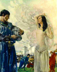 William Russell Flint - 'Then she unwimpled her visage. And when he saw her he said: ''Here have I found my love and my lady.''' from ''Le Morte d'Arthur: The Book of King Arthur and his Noble Knights of the Round Table'' (1910-11)
