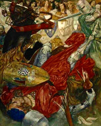 William Russell Flint - 'He gave him such a buffet upon the helm with his sword that King Arthur had no power to keep his saddle' from ''Le Morte d'Arthur: The Book of King Arthur and his Noble Knights of the Round Table'' (1910-11)