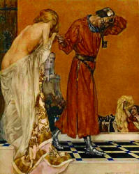 William Russell Flint - 'Then the people brought her clothes. And when she was arrayed, Sir Launcelot thought she was the fairest Lady of the world, but if it were Queen Guenever' from ''Le Morte d'Arthur: The Book of King Arthur and his Noble Knights of the Round Table'' (1910-11)