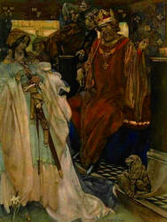 William Russell Flint - 'The was she girt with a noble sword whereof the king had marvel ...' from ''Le Morte d'Arthur: The Book of King Arthur and his Noble Knights of the Round Table'' (1910-11)