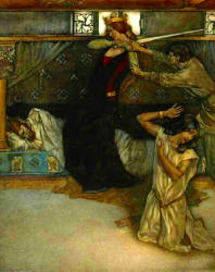 William Russell Flint - 'And as she lifted up the sword to smite, Sir Uwaine leapt unto his mother, and caught her by the hand' from ''Le Morte d'Arthur: The Book of King Arthur and his Noble Knights of the Round Table'' (1910-11)