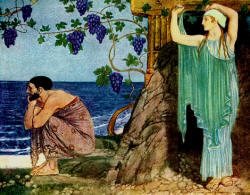 William Russell Flint - 'Now all the rest, as many as fled from sheer destruction, were at home, and had escaped both war and sea, but Odysseus only, craving for his wife and for his homeward path, the lady nymph Calypso held, that fair goddess, in her hollow caves, longing to have him for her lord' from ''The Odyssey of Homer'' (1924)