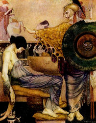 William Russell Flint - 'All her joints were loosened as she lay in the chair, and the fair goddess the while was giving her gifts immortal' from ''The Odyssey of Homer'' (1924)