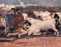 William Russell Flint - 'Then marvelled the king himself, and his son, the warlike Phyleus, ... when they beheld the exceeding strength of the son of Amphitryon' from ''Theocritus, Bion and Moschus'' (1922)