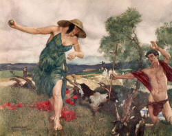 William Russell Flint - 'Clearista, too, pelts the goatherd with apples as he drives past his she-goats, and a sweet word she murmurs' from ''Theocritus, Bion and Moschus'' (1922)